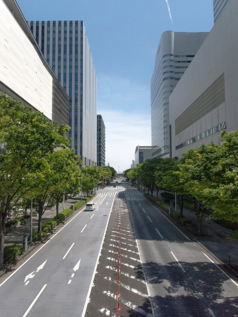 横浜みなとみらいの高層ビルに囲まれた直線道路と街路樹