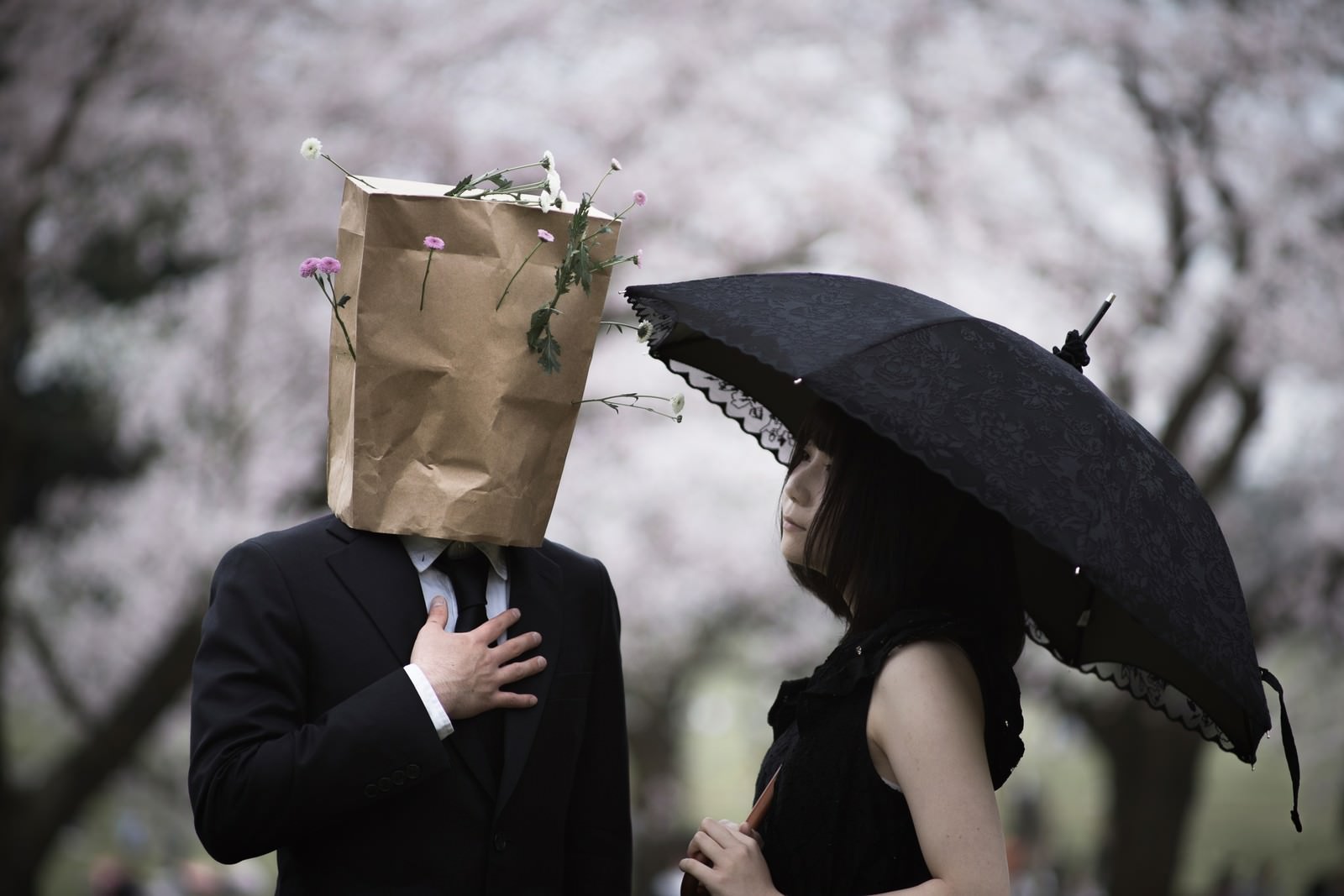 紙袋をかぶった人と日傘を差す人が桜の下で挨拶している様子