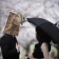 匿名の恋、桜の下での告白～紙袋の紳士と日傘の女性の写真
