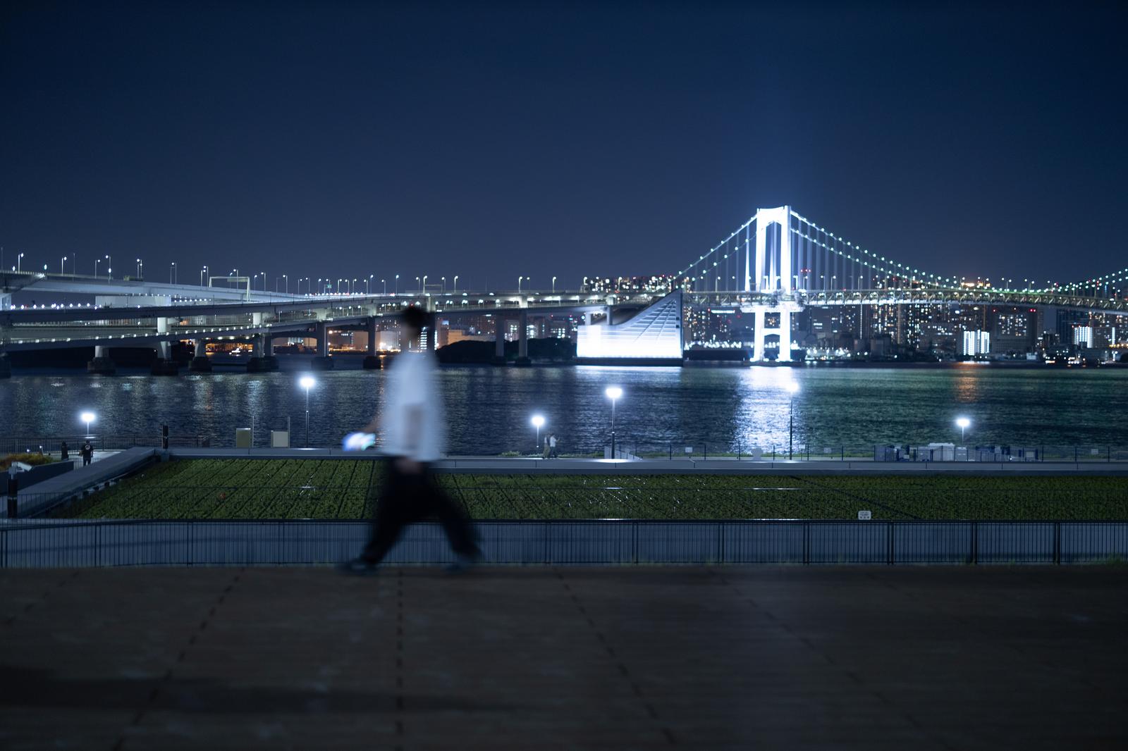 夜間にライトアップされたレインボーブリッジを豊洲ぐるり公園から撮影した夜景