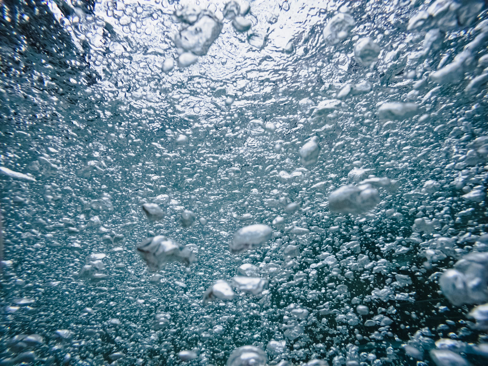 水中から見上げた大小の気泡