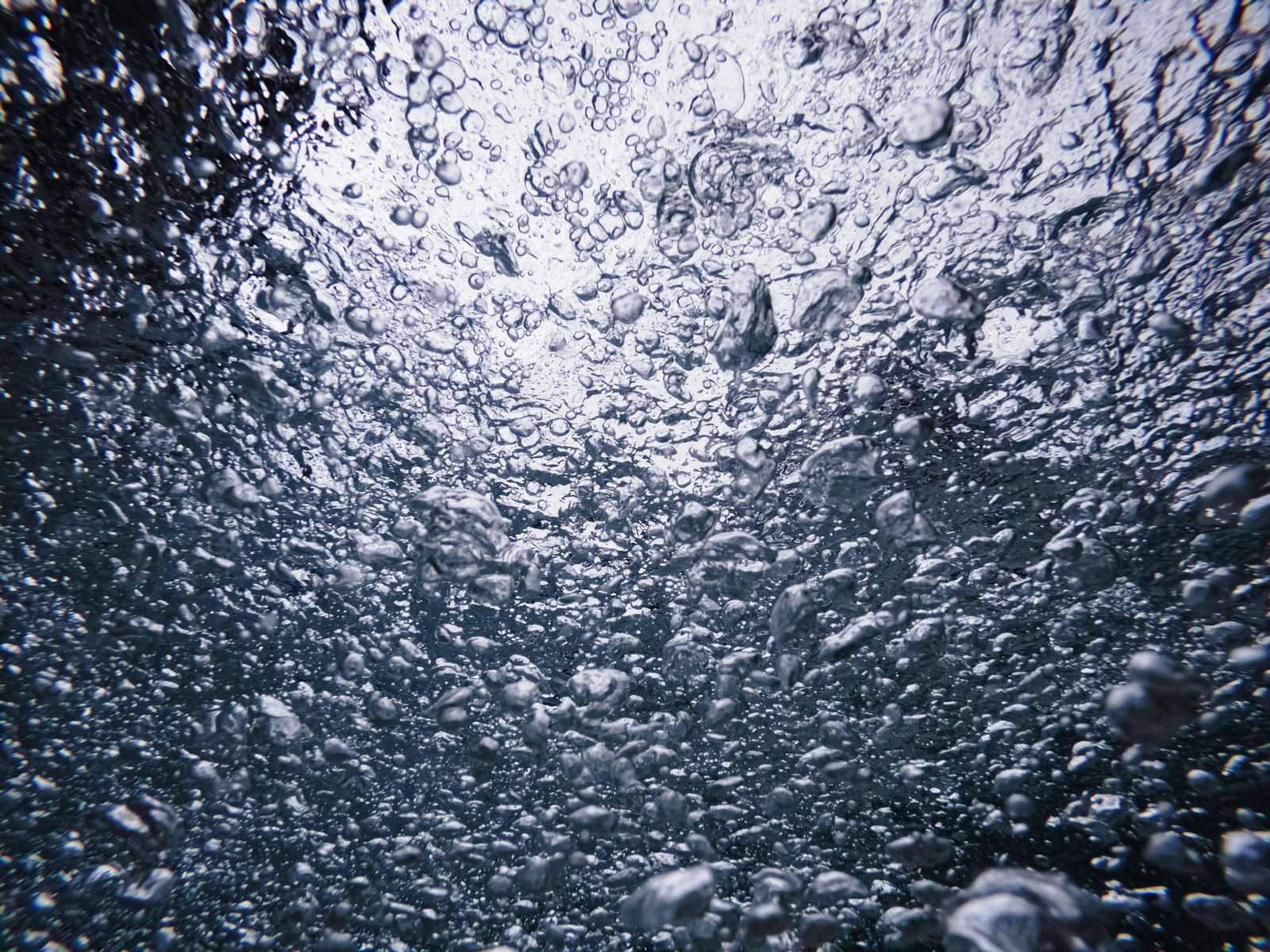 水中から見上げた大小の気泡が広がる写真