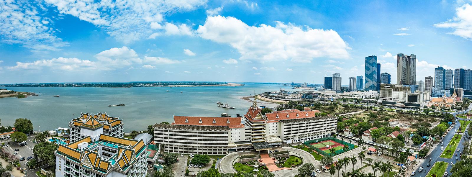 Panoramic view of the high-rise buildings and riverfront area of Phnom Penh, Cambodia