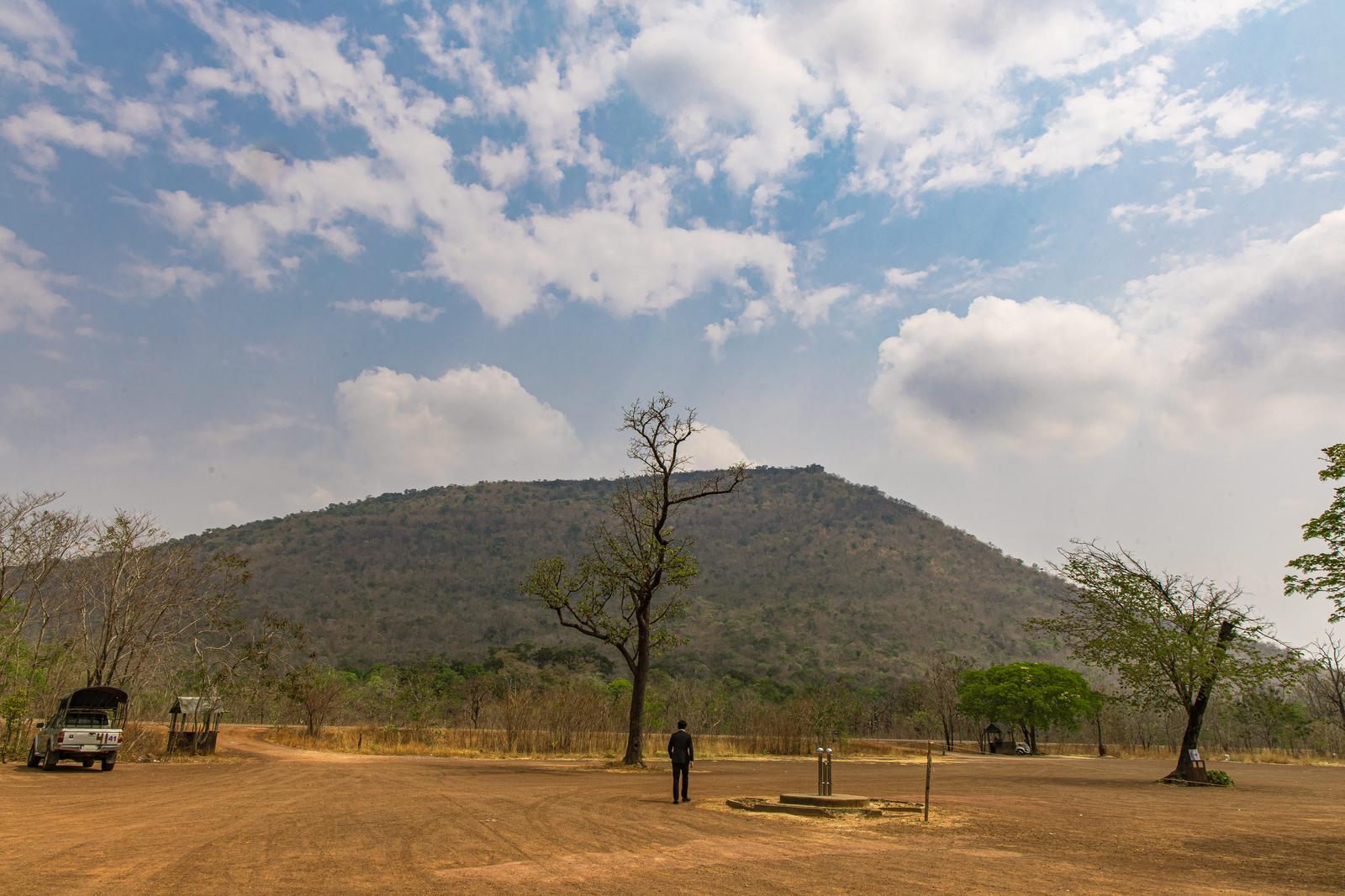 山を背景にスーツを着た男性が後ろ向きに立っている［モデル：野崎繁裕］