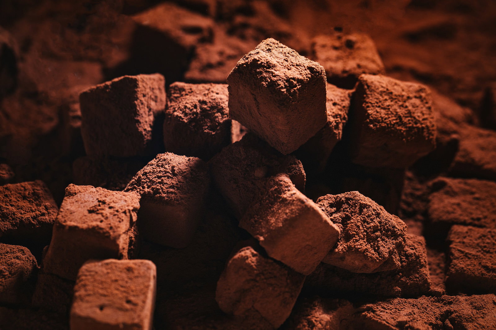 ココアパウダーをまぶした角切りの生チョコが並んでいる様子