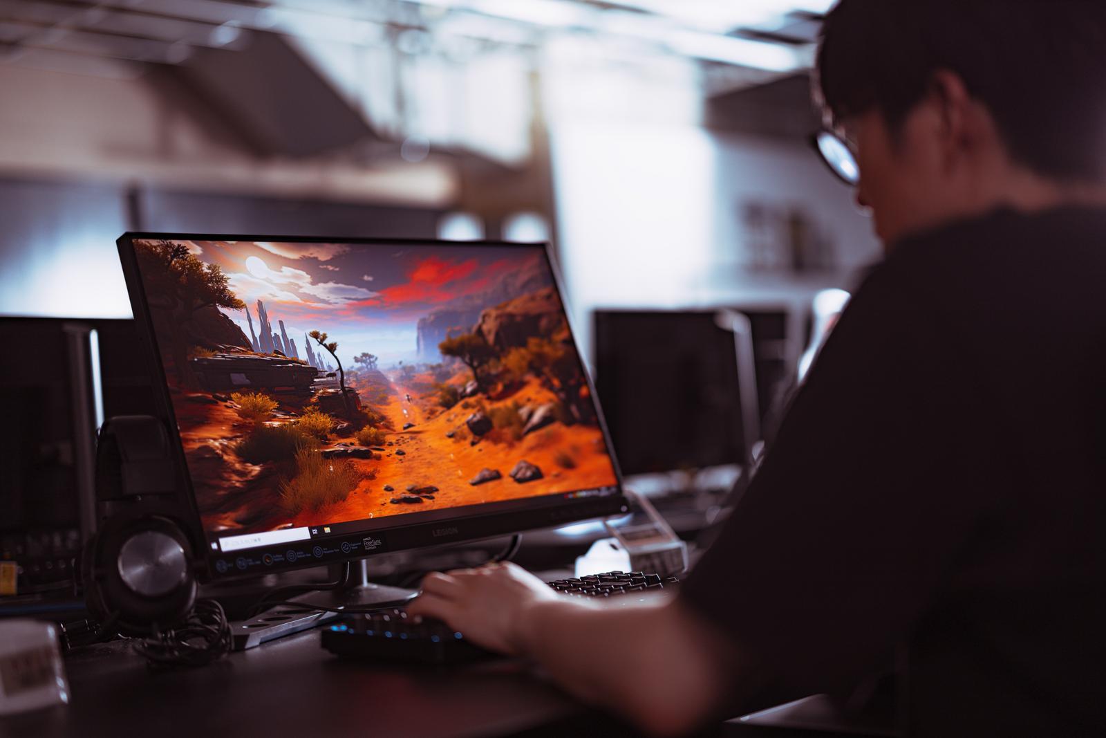 eスポーツエリアでゲーミングモニターの前に座るプロゲーマー