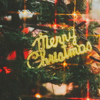 Merry Christmasの飾りと明るくライトアップされたクリスマスツリーの写真