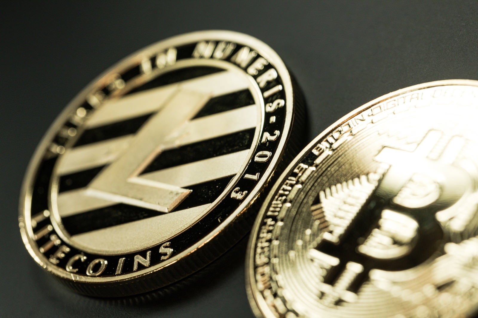 金色に光るライトコインとビットコインが並んで置かれている様子