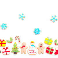 楽しいクリスマスの白い背景に並べたアイシングクッキーの写真