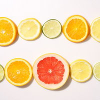 白い背景に並ぶ輪切りの柑橘系果物、オレンジ、レモン、ライム、グレープフルーツの写真