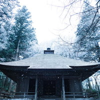 静かに降り続ける雪と中尊寺経蔵の冬景色の写真