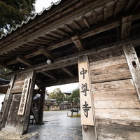 世界遺産・中尊寺本堂の木造の門と参道の歴史的景観の写真