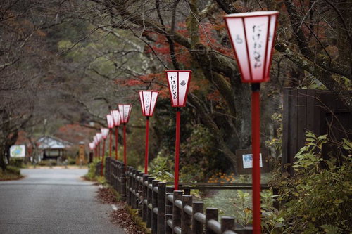 岳温泉の冬の桜坂を彩る赤い提灯、雪景色の温泉街風景