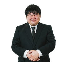 （めっちゃ、おなかいたい）お腹を押さえて苦しむスーツ姿の男性会社員の写真
