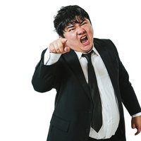 指を差して怒鳴りつける男性会社員、職場の怒りを表現の写真