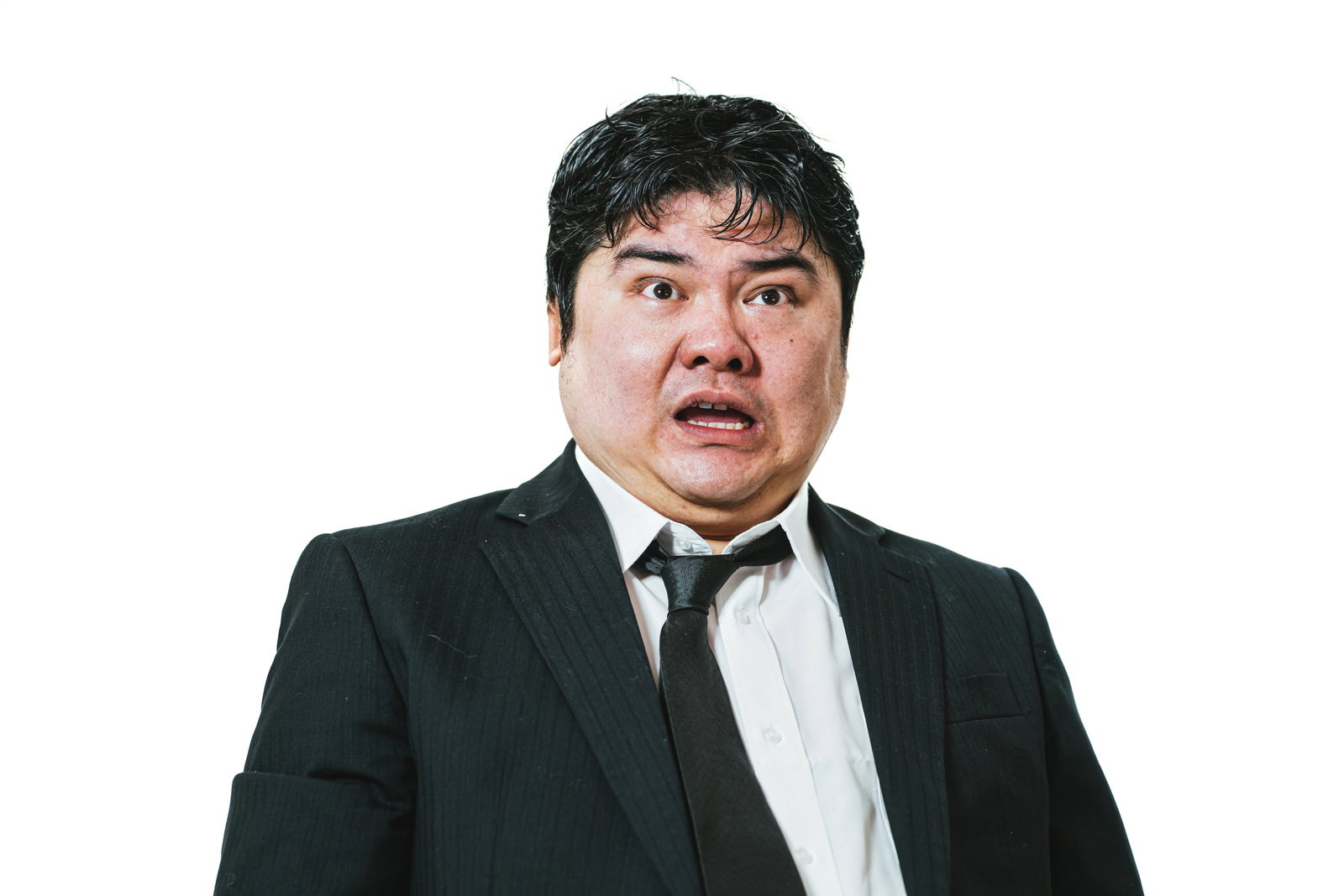 口を開けて唖然とする会社員の男性［モデル：段田隼人］