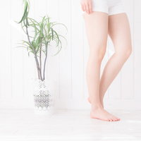 白い床に立つ細い女性の脚、観葉植物のある美容空間の写真