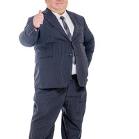 はち切れそうな紺ストライプスーツを着て親指を立てる会社員男性の写真