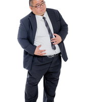 両手でお腹の肉をさする膨よかな男性会社員の写真