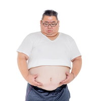 お腹の皮下脂肪が目立つ膨よかな男性のメタボ体型の写真