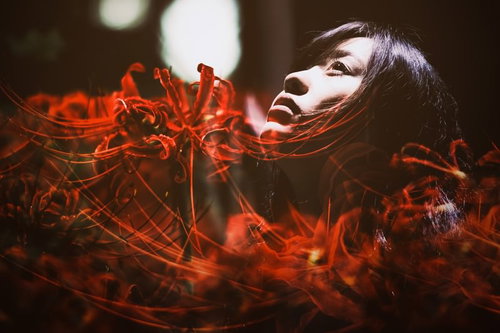 悲顔花（ヒガンバナ）―女性の顔と赤い彼岸花のフォトモンタージュ