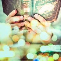 騒がしい街のネオン光の中でほっと一息、洋書を手にした静寂の写真