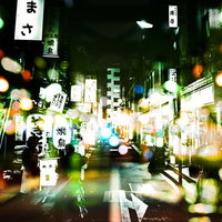 夜の飲み屋街の風景（フォトモンタージュ）の写真