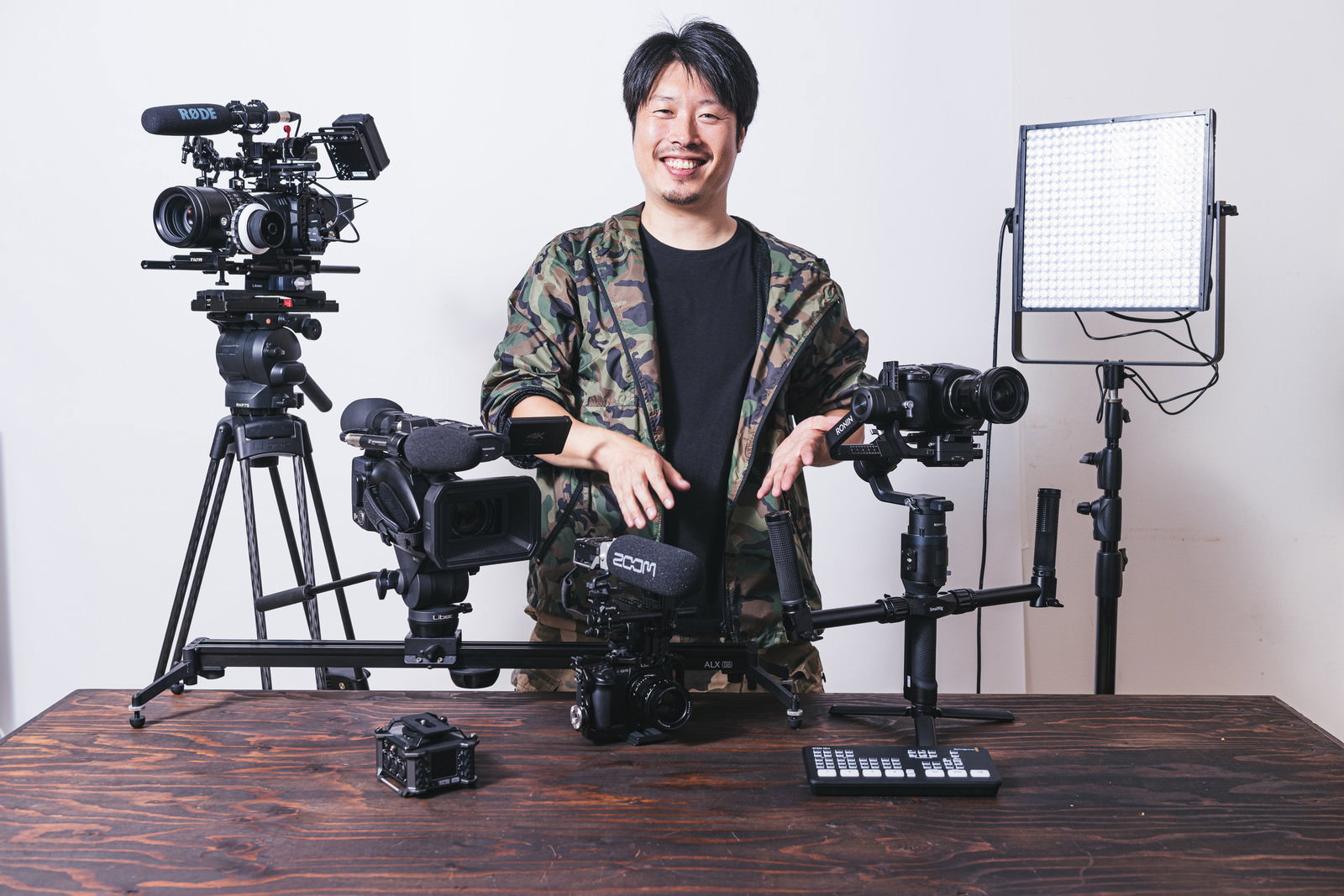 撮影機材に囲まれてポーズをとる男性カメラマン［モデル：瀧野恵太］