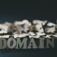 木製の英文字で並べたドメイン量産とインターネット管理の写真