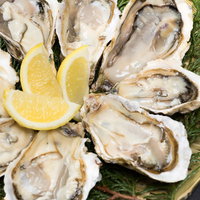 ザルに盛られた恵比須牡蠣とレモン、ヒノキ葉で装飾の写真