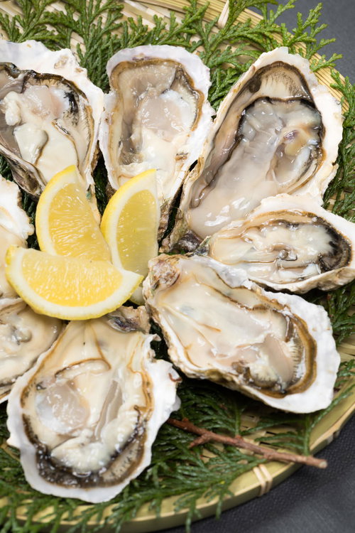 ザルに盛られた恵比須牡蠣とレモン、ヒノキ葉で装飾