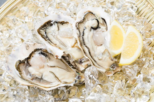 氷の上に並べた新鮮な生牡蠣（恵比須かき）とレモン