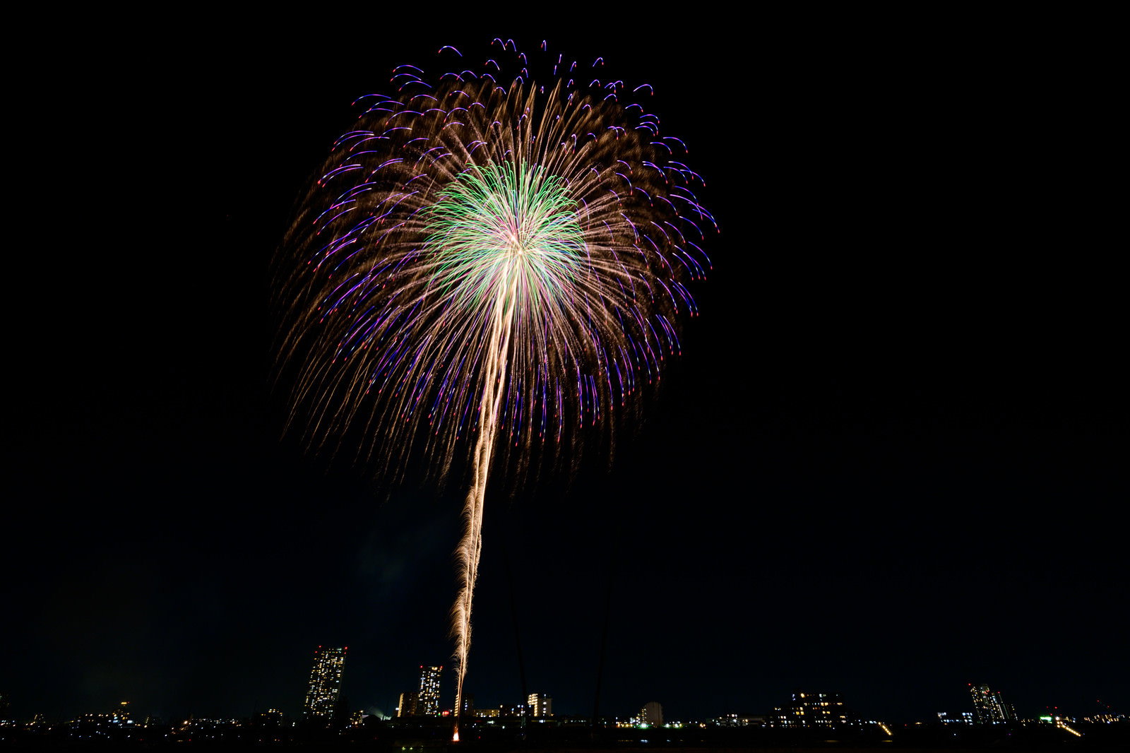暗い夜空に色とりどりの光が放射状に広がる打上花火