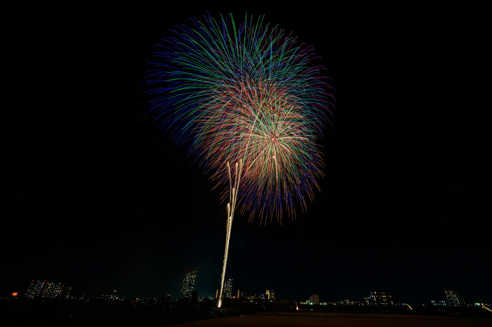 夜空に打ち上がる花火と都市の夜景