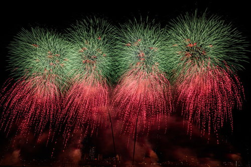 画面に収まりきらない迫力のある打上花火（江戸川区花火大会を招待席で撮影）