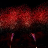 赤く弾ける打上花火が夜空に連続して広がる光景の写真