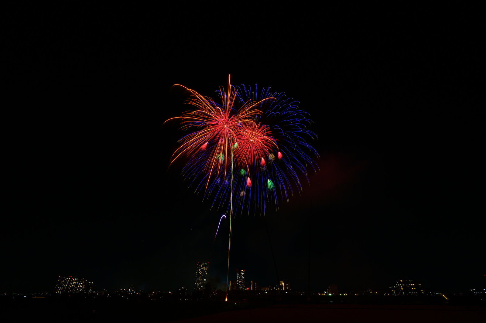 夜空に赤と青の光が放射状に広がる打ち上げ花火