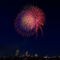 都会の夜空に打ち上げる色とりどりの花火と都市景観の写真