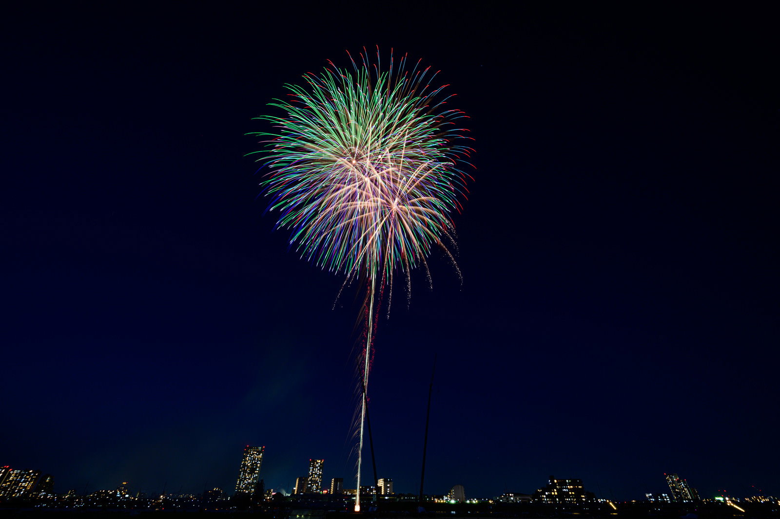 夜空に色鮮やかな花火が打ち上がり、遠くに都市のビル群が見える花火大会の様子