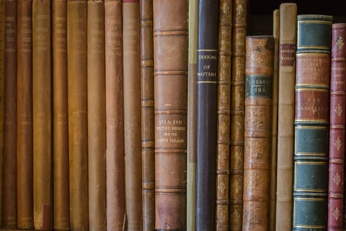 本棚に並べられた革装丁の古書と洋書のコレクション