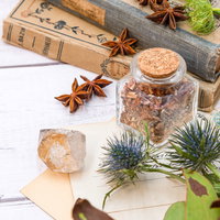 古書や手紙に囲まれた小瓶と生花の雑貨コレクションの写真