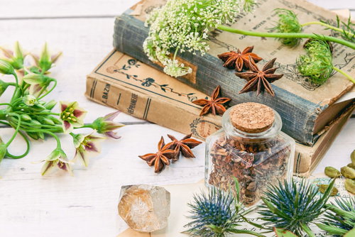 調合用に集められた生花と古書が並ぶテーブル