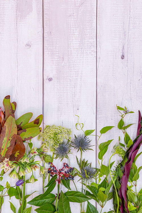 木目の板に並べた色とりどりの生花とグリーン