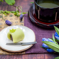 白いお皿に上品な緑色の練り切りとお茶を合わせた和菓子の写真
