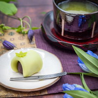 白い皿に盛られた練り切りとお茶のティータイムの写真