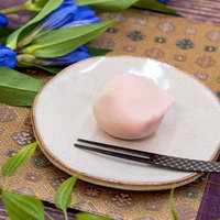 白いお皿に盛られた薄いピンク色の練り切りと黒い楊枝の写真