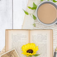 洋書に添えた向日葵とティータイムの読書シーンの写真