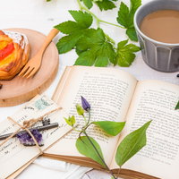 洋書に添えた緑のグリーンと一緒に楽しむフルーツデニッシュとコーヒーの写真