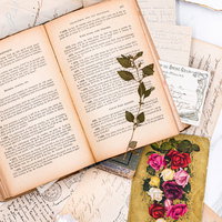 散らばる手紙と古びた洋書、押し花が挟まれたページの写真