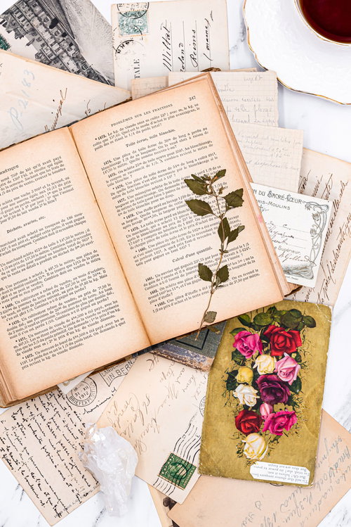 散らばる手紙と古びた洋書、押し花が挟まれたページ